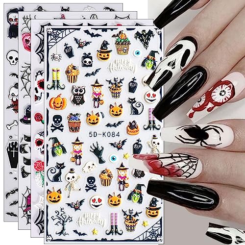 3D Nagelsticker Halloween, 4 Blatt 5D Fledermaus Totenkopf Kürbis Selbstklebend Nagelaufkleber Stereoskopisch Nail Art Sticker Dekoration Nageldesign Zubehör von KALEFUL