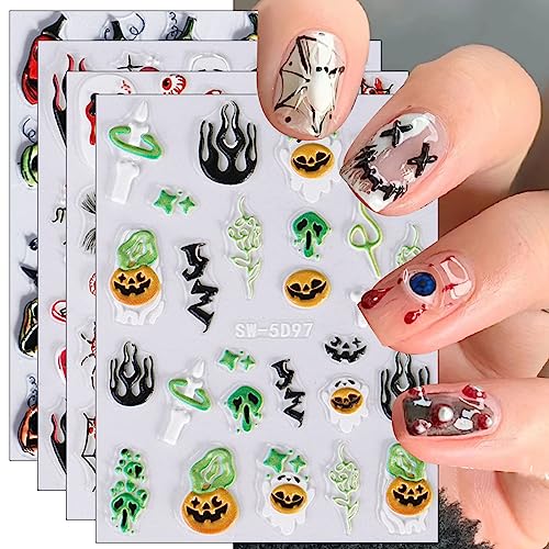 3D Nagelsticker Halloween, 4 Blatt 5D Kürbis Geist Selbstklebend Nagelaufkleber Stereoskopisch Nail Art Sticker Dekoration Nageldesign Zubehör von KALEFUL