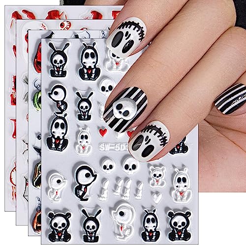 3D Nagelsticker Halloween, 4 Blatt 5D Niedlicher Selbstklebend Nagelaufkleber Stereoskopisch Nail Art Sticker Dekoration Nageldesign Zubehör von KALEFUL