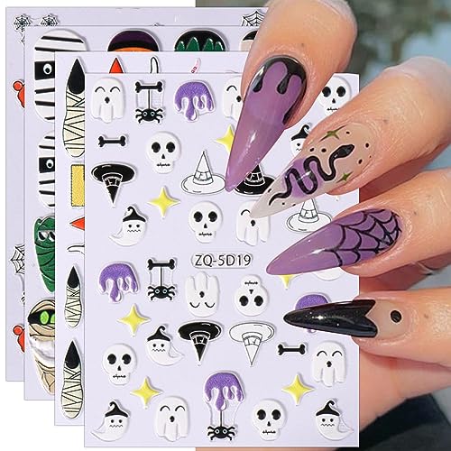 3D Nagelsticker Halloween, 4 Blatt 5D Selbstklebend Nagelaufkleber Stereoskopisch Nail Art Sticker Dekoration Nageldesign Zubehör von KALEFUL