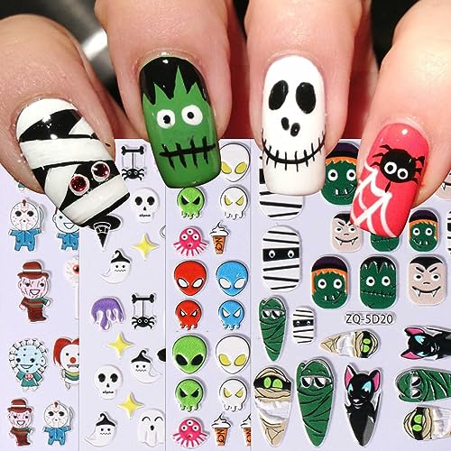 3D Nagelsticker Halloween, 4 Blatt 5D Selbstklebend Nagelaufkleber Stereoskopisch Nail Art Sticker Dekoration Nageldesign Zubehör von KALEFUL