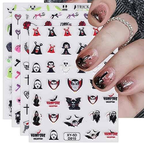 3D Nagelsticker Halloween, 4 Blatt 5D Selbstklebend Nagelaufkleber Stereoskopisch Nail Art Sticker Dekoration Nageldesign Zubehör von KALEFUL