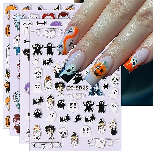 3D Nagelsticker Halloween, 4 Blatt 5D Selbstklebend Nagelaufkleber Stereoskopisch Nail Art Sticker Dekoration Nageldesign Zubehör von KALEFUL