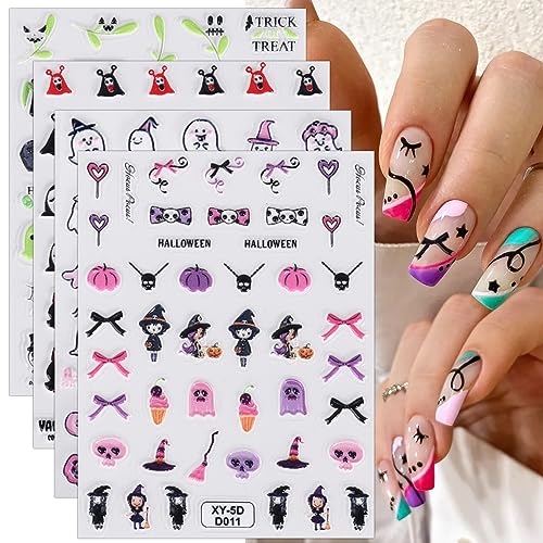 3D Nagelsticker Halloween, 4 Blatt 5D Selbstklebend Nagelaufkleber Stereoskopisch Nail Art Sticker Dekoration Nageldesign Zubehör von KALEFUL