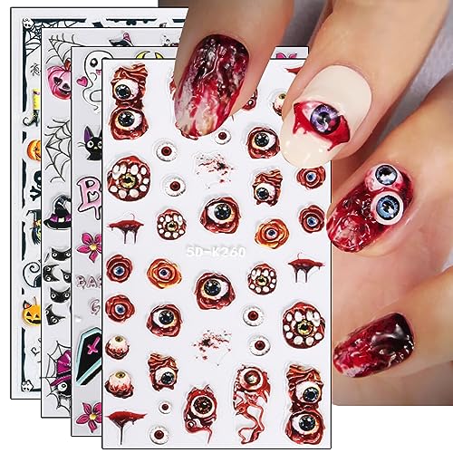 3D Nagelsticker Halloween, 4 Blatt 5D Selbstklebend Nagelaufkleber Stereoskopisch Nail Art Sticker Dekoration Nageldesign Zubehör von KALEFUL