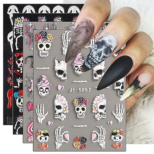 3D Nagelsticker Halloween, 4 Blatt 5D Selbstklebend Nagelaufkleber Stereoskopisch Nail Art Sticker Dekoration Nageldesign Zubehör von KALEFUL