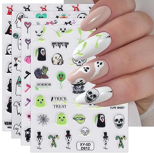 3D Nagelsticker Halloween, 4 Blatt 5D Selbstklebend Nagelaufkleber Stereoskopisch Nail Art Sticker Dekoration Nageldesign Zubehör von KALEFUL