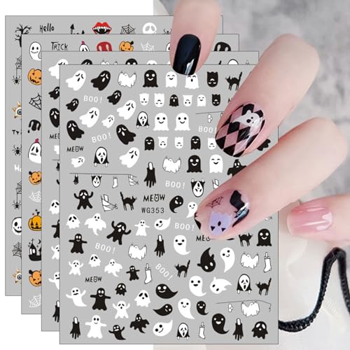 Nagelsticker Halloween, 10 Blatt Spinnennetz Kürbis Gespenster Schädelkopf Selbstklebend Nagelaufkleber Nail Art Sticker Dekoration Nageldesign Zubehör von KALEFUL