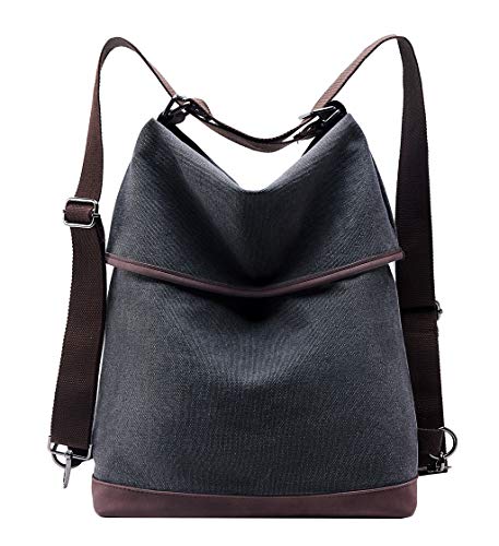 KALIDI Damen Canvas Schultertasche Rucksack Groß Handtasche Vintage Umhängentasche 2 in 1 Anti Diebstahl, Leder Hobo Tasche für Alltag Büro Schule Ausflug Einkauf,Schwarz von KALIDI