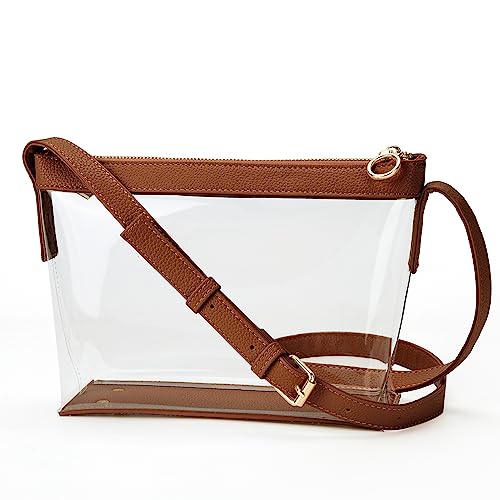 KALIDI Transparente Tasche, Stadion-zugelassen, Crossbody-Geldbörse, Reißverschluss, Umhängetasche, veganes Leder, Besatz, Sport, Konzert, Abschlussball, Party, Museum, Braun von KALIDI