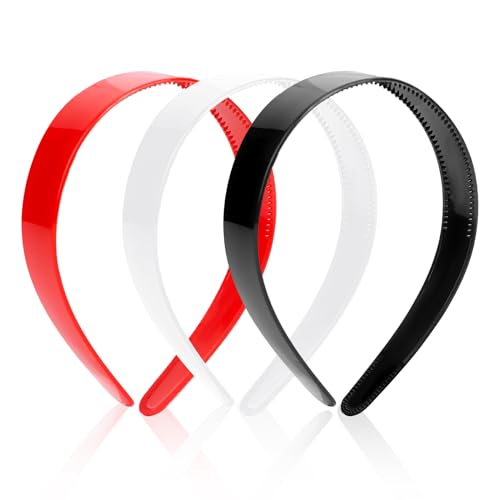 3 Stück Kunststoff-Stirnband mit Zähnen, 2,5 cm Breit Hartplastik-Haarband, einfarbiges Bastel-Stirnband, rutschfestes Bastel-Haarband für Frauen und Mädchen, Haar-Accessoires (Rot, Weiß, Schwarz) von KALIONE