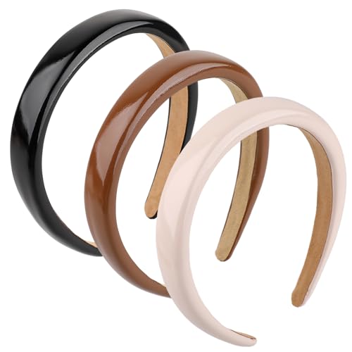 3 StüCk Leder Haarreifen, Breit Haarband Stirnband Gepolsterte StirnbäNder FüR Damen Einfarbige StirnbäNder Modische Haarschmuck Haarreifen StirnbäNder FüR Damen Und MäDchen (Schwarz, Braun, Beige) von KALIONE