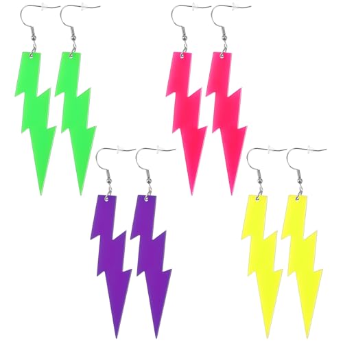 4 Paar Neon Ohrringe, Ohrringe Bunt Mehrfarbiges Retro-Party-Ohrring-Set für Damen 90er Neon-Ohrringe Acryl-Ohrringe Party-Kostüm-Accessoires Schmuck Geschenke für Frauen und Mädchen (Blitzform) von KALIONE