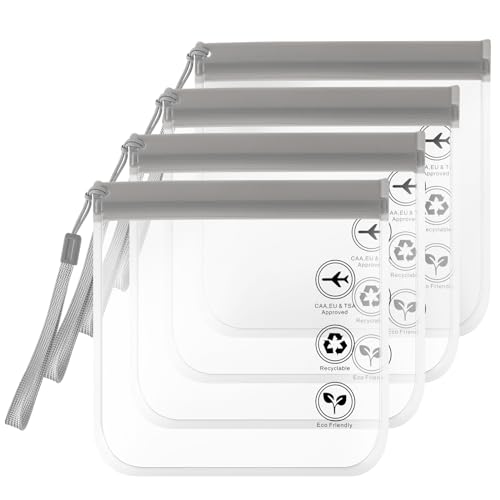 4 Stück Kulturbeutel Transparent, Flugzeugtasche für Flüssigkeiten 20 x 20 cm Auslaufsichere Flughafen-Flüssigkeitsbeutel wasserdichte Reise-Kulturbeutel für Damen und Herren (grau) von KALIONE