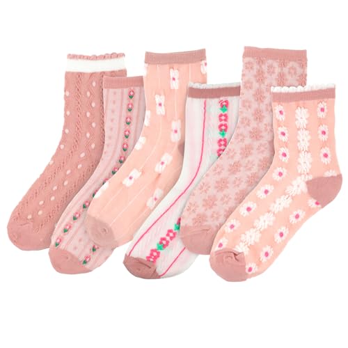 6 Paar Socken Damen Floral, Süße Socken Rosa Blumendrucksocken Florale Socken Weiche Atmungsaktive Socken für Mädchen Vintage-gestickte Blumensocken für Damen Blumensocken Lässige Kleidersocken (Rosa) von KALIONE