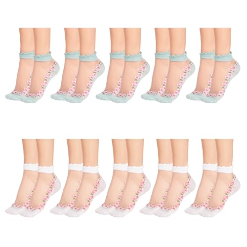 KALIONE 10 Paar Söckchen Transparent Damen, Damen Socken Dünne Durchsichtige Socken süße Spitzenstrümpfe Transparente Netzsocken Damen Sommer-Knöchelrüschensocken für Damen und Mädchen von KALIONE