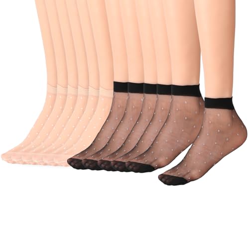 KALIONE 12 Paar transparente socken Damen, Damensocken kleine Punkte socken ultradünne transparente Sommer-Söckchen für Damen und Mädchen (6 Paar Schwarz + 6 Paar Hautfarbe) von KALIONE