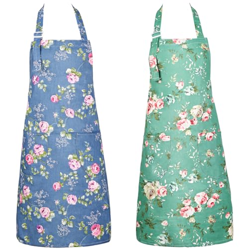 KALIONE 2 Stück Floral Schürzen, Küchenschürze für Frauen verstellbarer Halsumfang Damenschürzen mit Pockets verstellbare Damen-Küchenschürze Grillschürze zum Kochen Backen von KALIONE