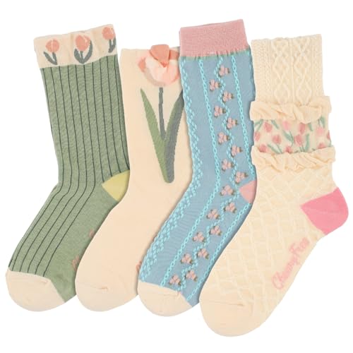 KALIONE 4 Paar Blumen Socken Damen, Baumwollsocken für Damen Bunt Damen Socken Rüschensocken niedliche lässige Crew-Socken für Damen und Mädchen Alltagskleidung von KALIONE