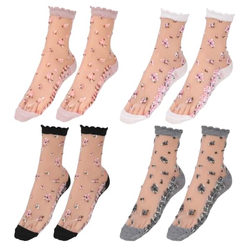 KALIONE 4 Paar transparente Socken Damen Dünne Feine Strümpfe Ultradünne Atmungsaktive Damen-Socken Sommer Knöchel Rüschen Netzsocken Blumensocken Nylonsocken von KALIONE