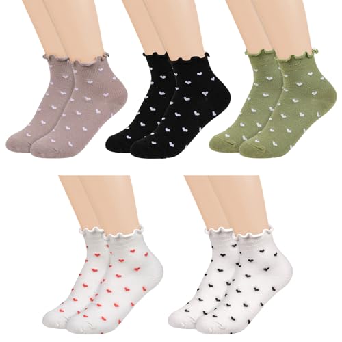 KALIONE 5 Paar Rüschen Socken, Damensocken süße Rüschensöckchen weiche atmungsaktive Socken Freizeitsocken für Damen kurze Socken für Damen und Mädchen von KALIONE