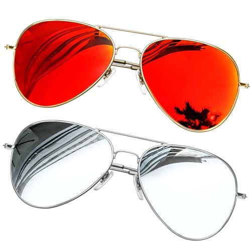 KANASTAL 2er Set Sonnenbrille Herren und Damen Verspiegelt Silber und Verspiegelt Orange-Rot mit Premium Metallrahmen UV400 Schutz Sonnenbrille Zwei von KANASTAL