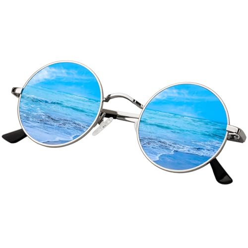 KANASTAL Runde Sonnenbrille Herren und Damen Verspiegelt Blau Klassische Sonnenbrillen Rund Retro Rave Hippie Steampunk 90er Style Rund Brille UV Schutz mit Metallrahmen von KANASTAL