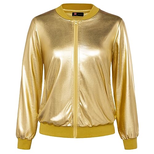 KANCY KOLE Damen Goldene Jacke Funkelnder Shiny Blazer Mäntel Party Cosplay Reißverschluss Metallic Jacke mit Tasche Gold, XXL von KANCY KOLE