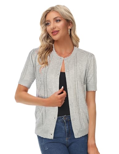 KANCY KOLE Damen Klassisch Kurzarm Strickjacke Einfarbig Gestrickt Strickwaren Hellgrau M von KANCY KOLE