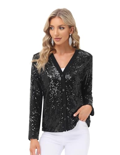 KANCY KOLE Damen Pailletten Strickjacke Pailletten Glitzer Jacke Casual Langarm Top Damen V-Ausschnitt Top Schwarz XL KC0261A22-01 von KANCY KOLE