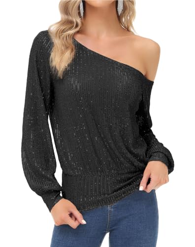 KANCY KOLE Frauen Schwarz Pailletten Tops Langarm Party Tops Schwarz XL von KANCY KOLE