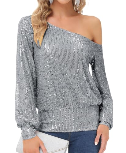 KANCY KOLE Glitzer Oberteile Damen Elegant Schulterfrei Langarm Party Tops Festliches Outfit M Silbergrau von KANCY KOLE