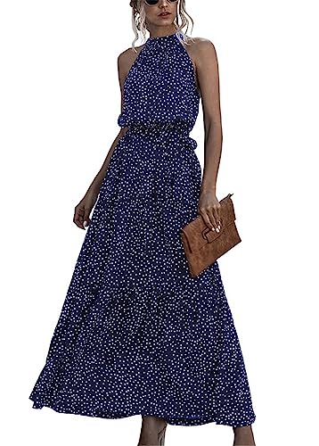 KANDEMY Damen Sommerkleid Ärmellos Neckholder Kleid Lang Schulterfreies Maxikleid Strandkleid Boho Blumenkleid für Frauen Freizeit Urlaub Dunkelblau Polka Dots S von KANDEMY