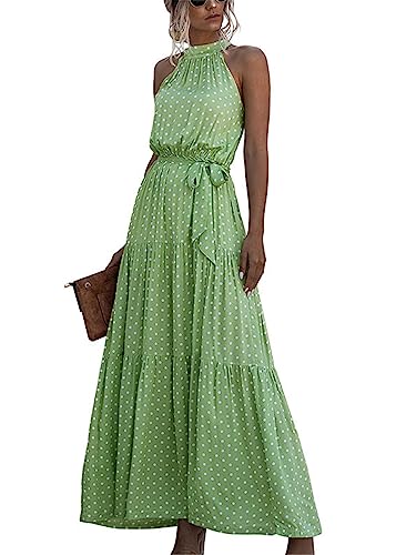 KANDEMY Damen Sommerkleid Ärmellos Neckholder Kleid Lang Schulterfreies Maxikleid Strandkleid Boho Blumenkleid für Frauen Freizeit Urlaub Grün Polka Dots L von KANDEMY