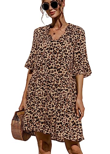 KANDEMY Damen Sommerkleid Casual T-Shirt-Kleid V-Ausschnitt Halbarm Kurzes Kleid Locker Mini Freizeitkleid Leopard-Gelb XL von KANDEMY