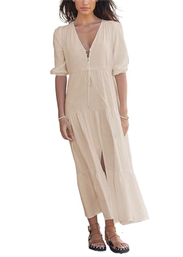 KANDEMY Damen Sommerkleid Lang V-Ausschnitt Geknöpftes Blusenkleid Kurzarm Abendkleid Lose Strandkleid mit Gürtel Aprikose L KANDEMY Damen Sommerkleid Lang V-Ausschnitt Geknöpftes Blusenkleid Kurzarm Abendkleid Lose Strandkleid mit Gürtel Aprikose L von KANDEMY