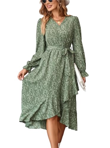 KANDEMY Kleider für Damen Langarm V-Ausschnitt Wickelkleid Rüschensaum Lange Freizeitkleider Frühling Strand Blumen Kleider Maxi Dress Grün 2XL von KANDEMY