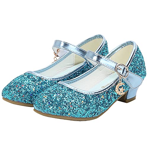 KANDEMY Mädchen Prinzessin Schuhe mit Absatz Festliche Glitzer Schuhe Kinder Stöckelschuhe für Geburtstag Hochzeit Halloween Karneval Fasching Ball Party Blau 27 von KANDEMY