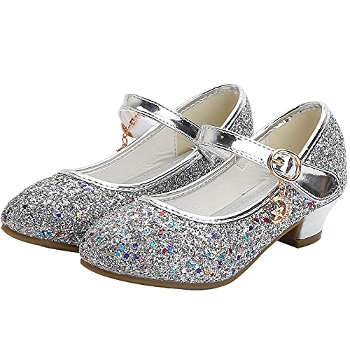 KANDEMY Mädchen Prinzessin Schuhe mit Absatz Festliche Glitzer Schuhe Kinder Stöckelschuhe für Geburtstag Hochzeit Halloween Karneval Fasching Ball Party Silber 28 von KANDEMY