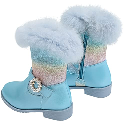 KANDEMY Mädchen Regenbogen Stiefeletten Boots Winterstiefel Warm Gefütterte Thermo Gummistiefel Kurzschaft Outdoor Schneestiefel mit Fell für Kinder Prinzessin Geburtstag Silvester Party Blau 31 von KANDEMY