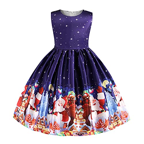 KANDEMY Mädchen Weihnachtskleid Weihnachten Festliche Kleider Knielang Abendkleid für Kinder Christmas Geschenk Party Kleider mit Weihnachtsmann Druck Blau-A 140 von KANDEMY