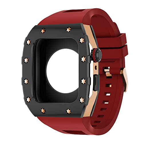 KANUZ 44 mm 45 mm Modifikationsset für iWatch Serie 7, 6, 5, 4 SE, Metallgehäuse, Silikonband für Apple Watch, Gummiband, Stoßfängerabdeckung (Farbe: B-RG-R, Größe: 44 mm) von KANUZ