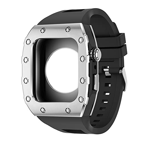 KANUZ 44 mm 45 mm Modifikationsset für iWatch Serie 7, 6, 5, 4 SE, Metallgehäuse, Silikonband für Apple Watch, Gummiband, Stoßfängerabdeckung (Farbe: S-BB-B, Größe: 44 mm) von KANUZ