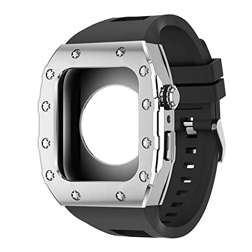 KANUZ 44 mm 45 mm Modifikationsset für iWatch Serie 7, 6, 5, 4 SE, Metallgehäuse, Silikonband für Apple Watch, Gummiband, Stoßfängerabdeckung (Farbe: S-SS-B, Größe: 44 mm) von KANUZ