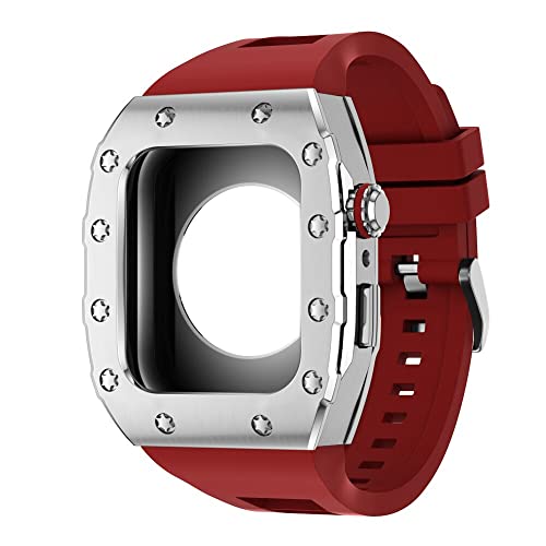 KANUZ 44 mm 45 mm Modifikationsset für iWatch Serie 7, 6, 5, 4 SE, Metallgehäuse, Silikonband für Apple Watch, Gummiband, Stoßfängerabdeckung (Farbe: S-SS-R, Größe: 45 mm) von KANUZ