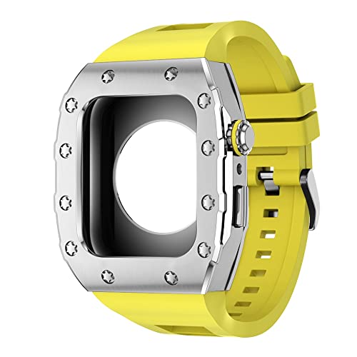 KANUZ 44 mm 45 mm Modifikationsset für iWatch Serie 7, 6, 5, 4 SE, Metallgehäuse, Silikonband für Apple Watch, Gummiband, Stoßfängerabdeckung (Farbe: S-SS-Y, Größe: 44 mm) von KANUZ