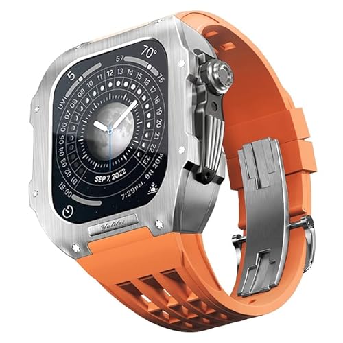 KANUZ Edelstahl-Gehäuse-Nachrüst-Set für Apple Watch 44 mm/45 mm, Ersatzarmband, luxuriöses Gummiband und Gehäuseset für iWatch Serie 8, 7, 6, SE, 5, 4, Serie, Upgrade, DIY (Farbe: Orange, Größe: 44 von KANUZ