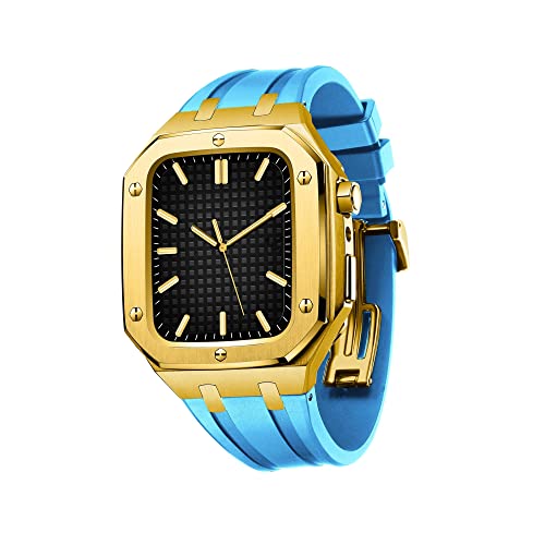 KANUZ Edelstahl-Gehäuse mit Uhrenarmband, kompatibel mit Apple Watch-Armbändern 44/45 mm, robustes Armband mit Metallschutzhülle für iWatch Serie 7/6/5/4/SE für Herren (Farbe: Goldblau, Größe: 45 von KANUZ