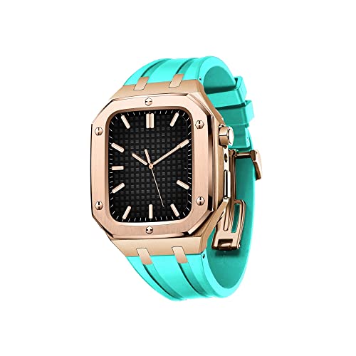 KANUZ Edelstahl-Gehäuse mit Uhrenarmband, kompatibel mit Apple Watch-Armbändern 44/45 mm, robustes Armband mit Metallschutzhülle für iWatch Serie 7/6/5/4/SE für Herren (Farbe: Rose Seeblau, Größe von KANUZ