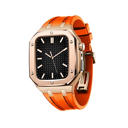 KANUZ Edelstahlgehäuse mit Uhrenarmband, kompatibel mit Apple Watch-Armbändern 44/45 mm, robustes Armband mit Metallschutzhülle für iWatch Serie 7/6/5/4/SE für Herren (Farbe: Roséorange, Größe: von KANUZ